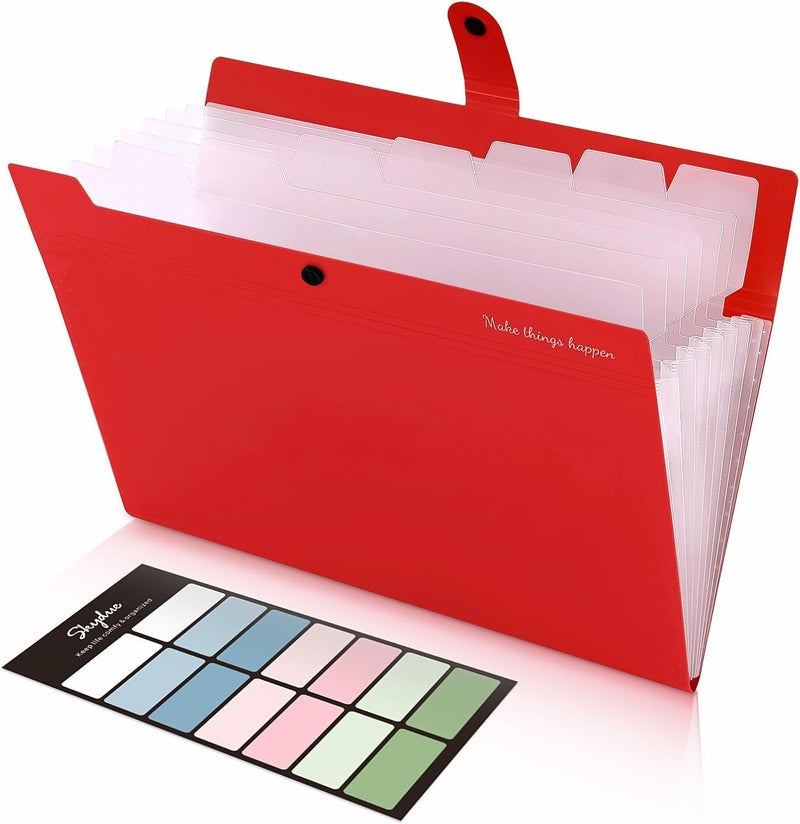 Skydue 8 Pockets Expanding File Organizer, Expandable File Folders with Pockets, Portable Document Paper Organizer, A4 Letter Size Filing Folder, Snap Closure, Red - Image 1